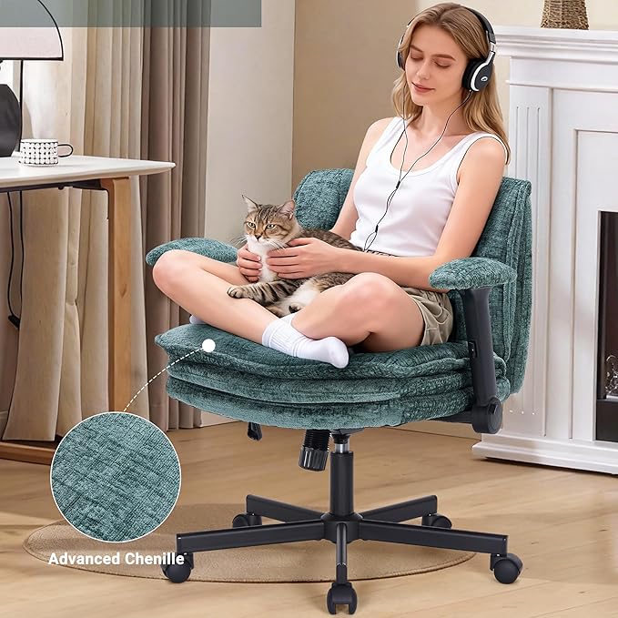 Criss Cross Chair with Wheels and Flip Arms, Upholstered Cross Legged Office Chair with 3 Layer Cushions&Dynamic Airbag Lumbar Support, Wide Seat Comfy Desk Chair for Home Office, Living Room, Green