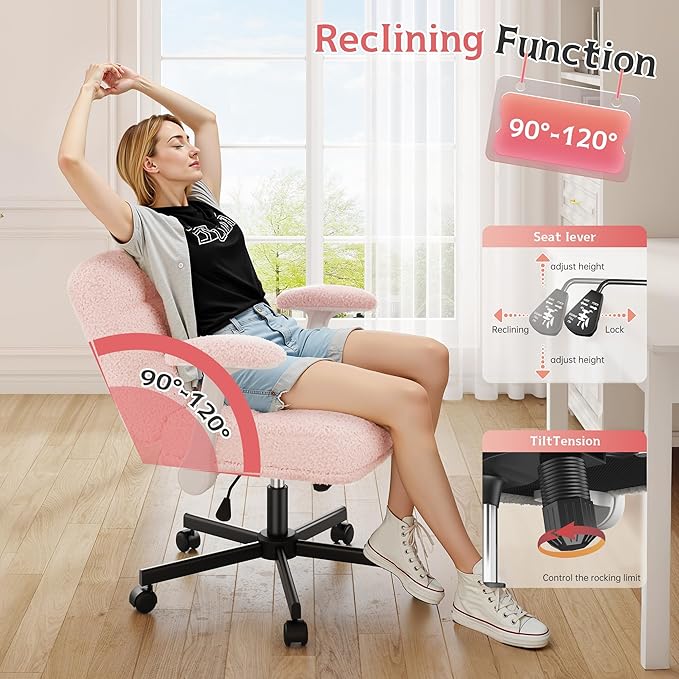 Criss Cross Chair with Wheels and Flip-up Arms, Adjustable Height, Teddy Plush Fabric,Pink, for Bedroom, Home Office, Apartment,Vanity