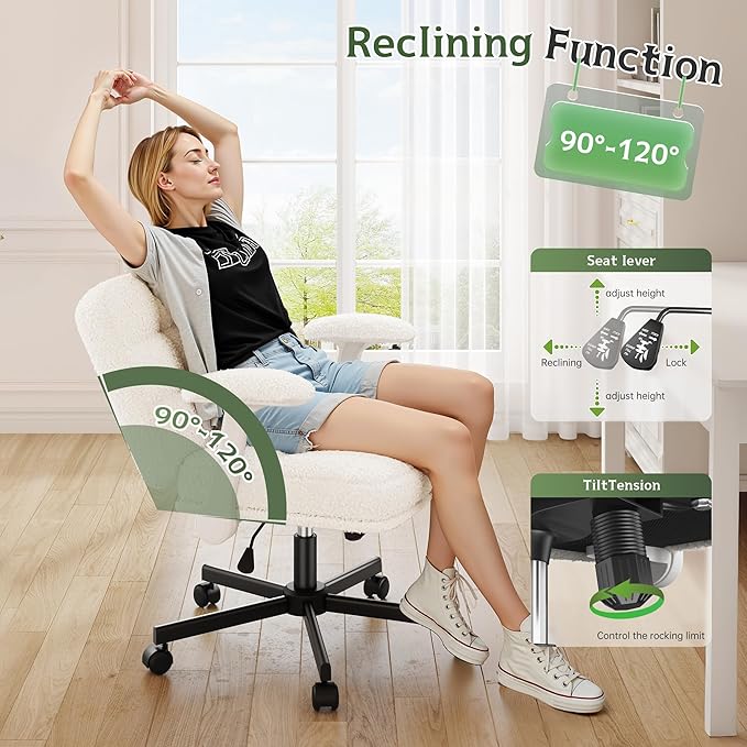 Criss Cross Chair with Wheels, Office Chair with Flip-up Armrests, Vanity Chair for Bedroom, Home Office, Apartment, Plush Fabric, White