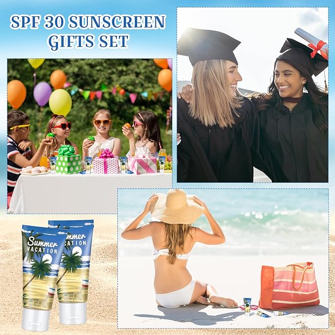 72 Pcs Mini Sunscreen Bulk for Summer Party Wedding SPF 30 Water Resistant Sunscreen Lotion Bulk 1oz Travel Size for Thank You Gifts Wedding Party Supplies (Summer Vacation)