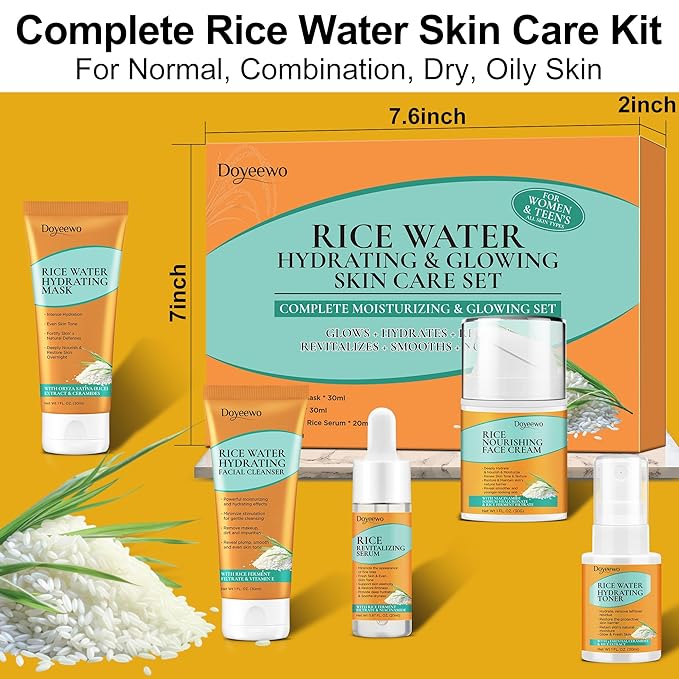 Skin Care Set,5Pcs Women Teen Glass Skincare w/Korean Rice Extract,Hydrate Glow Repair Anti-Aging Facial Routine Mini Kit Self Care Gifts for Women Mom Wife Teens Teenage Girl Airplane-Friendly Sizes