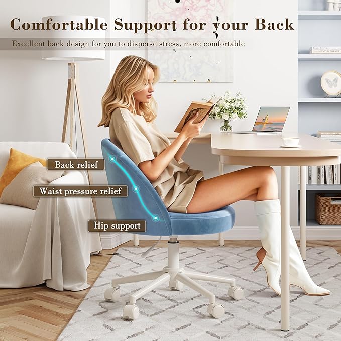 EnHomee Vanity Chair with Wheels, Cute Desk Chair with Back,Comfortable Office Chair with Adjustable Rolling Swivel for Makeup Room Bedroom, Home Office, Armless,Fog Blue