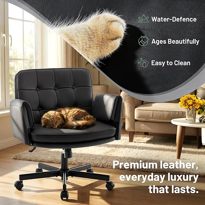 Criss Cross Chair with Wheels - PU Leather Comfy Wide Seat Criss Cross Desk Office Chair with Armrests - Comfortable Swivel Rolling Tilting Vanity Chair with Back for Home Office Makeup Bedroom