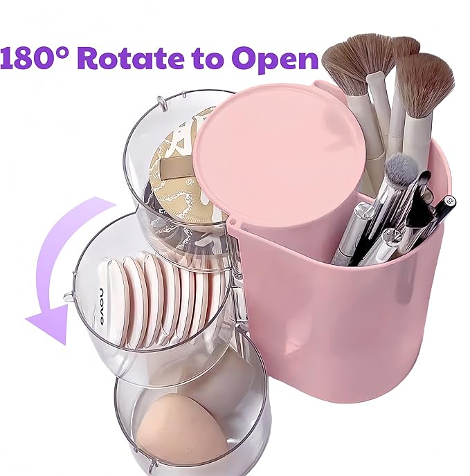 Hair Accessories Organizer with 2 Hooks,3-Layer Rotatable Hair Tie Organizer With Hair Brush Holder,Makeup Brush Holder For Hair Ties,Hair clips,and Hair bows (Pink)