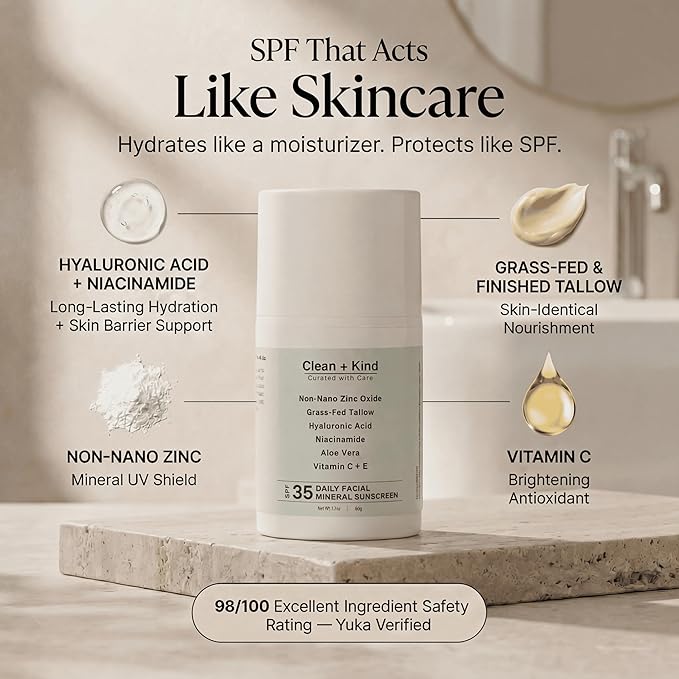 Daily Face Sunscreen SPF 35 Moisturizer with Tallow, Zinc Oxide, Hyaluronic Acid & Vitamin E – Mineral, Reef Safe Sunscreen for Hydration & Broad Spectrum UV Protection, 1.7 oz