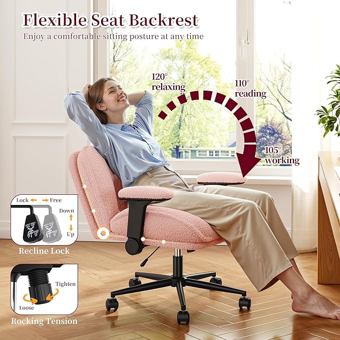 Criss Cross Chair with Wheels,Wide Cross Legged Office Chair with Flip-Up Arms & Extra-Deep Seat Thickened for Home Office, Vanity Chair for Apartment,Plush Cushion,Comfy,Pink
