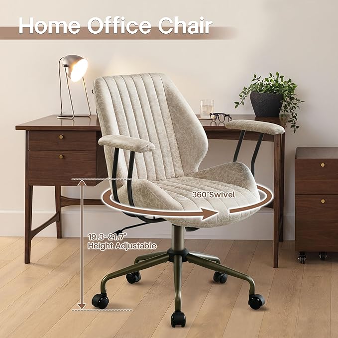 HOOOWOOO Faux Suede Leather Home Office Chair,MCM Modern Ergonomic Task Work Chair,Computer Desk Chair with Cushion Seat Mid Back for Long Hours(Beigen)