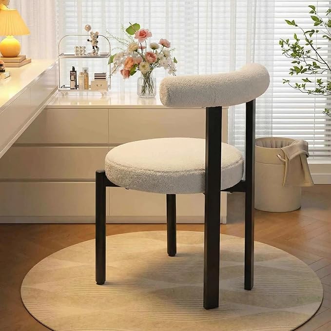 Kiztir Vanity Chair No Wheels Upholstered Teddy Vanity Chair with Back Home Office Desk Chair Boucle Accent Chair Modern Reading Chair Armchair Living Room, Bedroom (Beige)