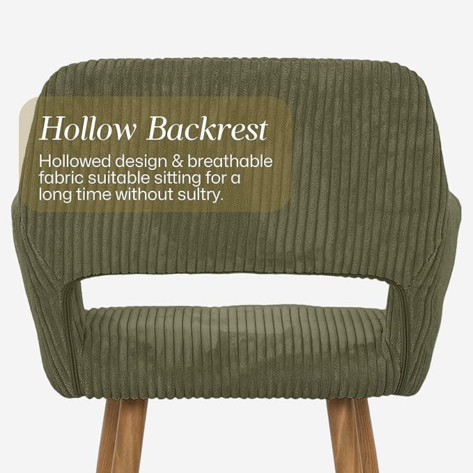 HENJIANYI Home Office Corduroy Desk Chair, Makeup Vanity Chair, Comfy Accent Armchair with Wood Grain Metal Legs, Cute Dining Chair with Hollowed Back, Green