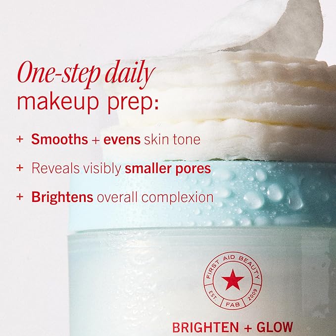 First Aid Beauty - Facial Radiance Pads with Glycolic & Lactic Acids, Daily Exfoliating Pads with AHA, Visibly Smaller Pores, Help Tone & Brighten Skin, One-Step Makeup Prep, Compostable, 90ct