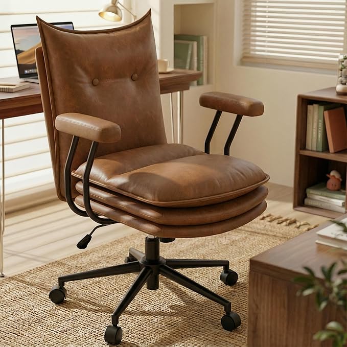 Brown Office Chair with Triple-Layers Thicken Wide Seat, Mid Back Leather Desk Chair with Wheels and Arms, Mid-Century Modern Computer Chair for Home Office