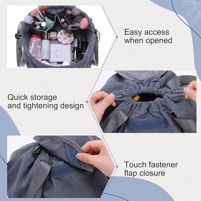 makeup bag lay flat Lay Flat Barrel Drawstring Corduroy Makeup Bag for Women Portable Open-flat Large Capacity Travel Cosmetic Organizer, Skincare & Brush Storage(Dark Gray)