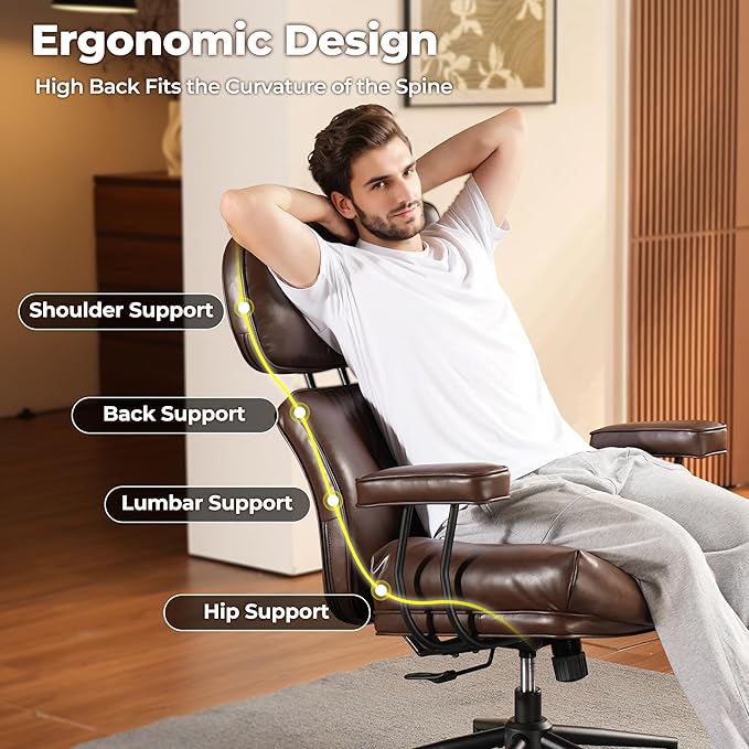ovios Ergonomic Office Chair, High Back Faux Leather Executive Chairs with Thick Cushion, Comfy Mid-Century Modern Swivel Rolling Computer Armchair (Dark Brown, PU Leather)