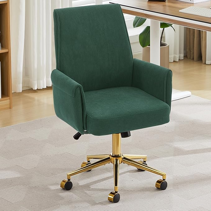 Stripes Velvet Home Office Desk Chair, Accent Upholstered Modern Height Adjustable Swivel Chair with Wheels,Ergonomic Task Chair for Living Room,Bedroom,Vanity,Study,Office（Green）