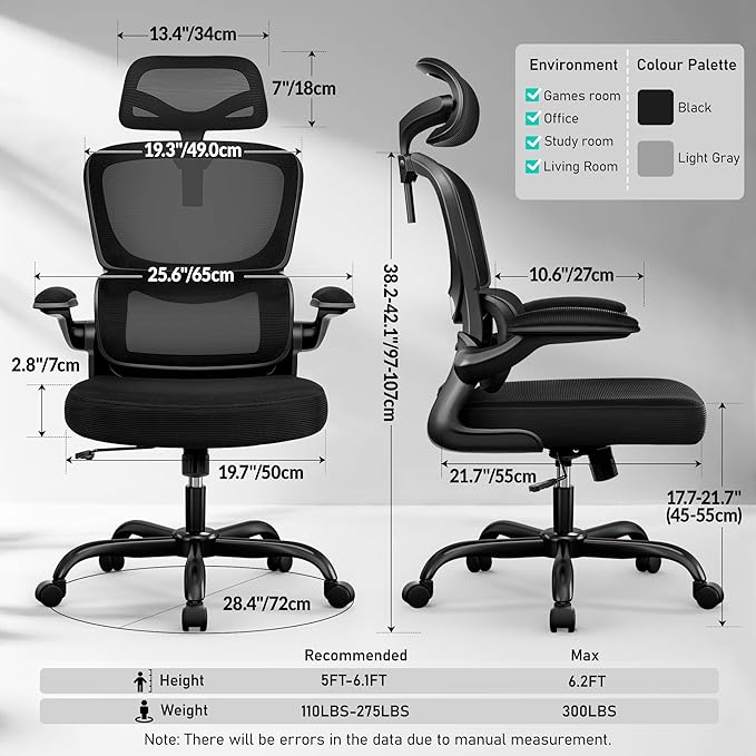 High Back Ergonomic Office Chair, Breathable Mesh Desk Chair with Lumbar Support, Adjustable Headrest, Flip-up Armrests, Computer Gaming Chair, (Black, 10Pack)