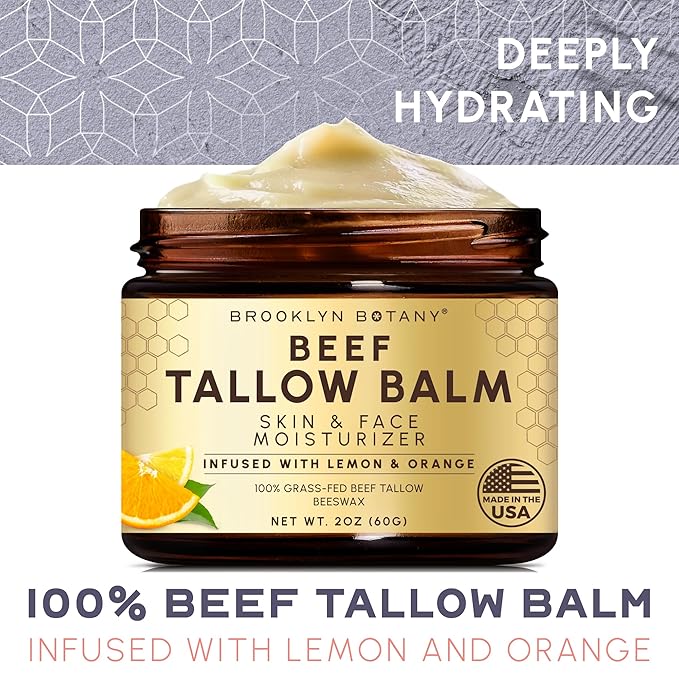 Brooklyn Botany Beef Tallow Balm – Grass Fed Beef Tallow for Skin and Face – Nourishing Face Moisturizer Infused with Citrus Oils – Orange Oil and Lemon Oil – 2 oz