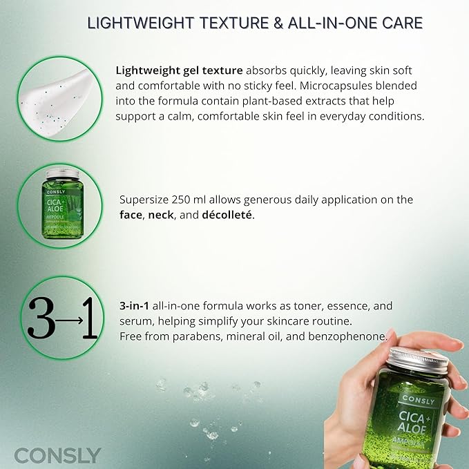 Cica & Aloe All-in-One Ampoule – Soothing Hydrating Gel Serum, 3-in-1 Toner Essence Serum for Sensitive Skin, Lightweight Facial Serum for Face & Neck, 250 ml / 8.45 fl oz