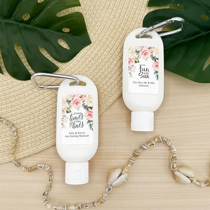 Personalized Sunscreen with Carabiner SPF 30, Custom Sunscreen for Wedding Favors, Party Favors, Garden Wedding, Pink Rose Favor, Bridal Shower Favors, Bachelorette Gift (Set of 12)