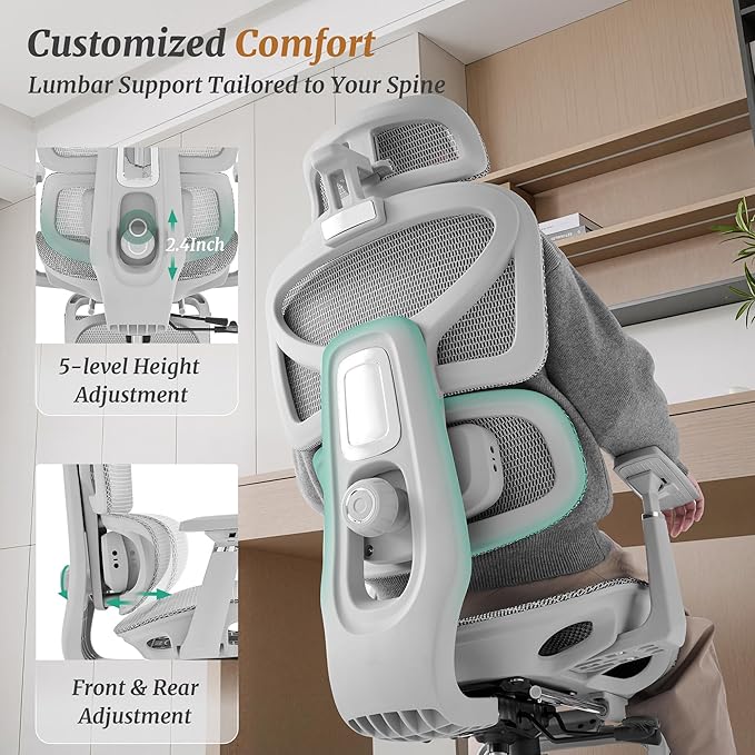 Ergonomic Office Chair with Footrest - 5-Level Adjustable Lumbar Support & 90-135°Recline, 3D Headrest & 4D Armrests, Breathable Mesh Seat Computer Chair for Home Office, Gaming, Light Grey