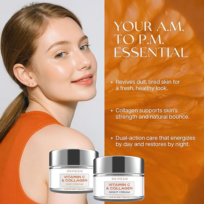 Vitamin C & Collagen Face Moisturizer – Anti Aging Day & Night Cream for Smooth & Radiant Skin, Firms & Restores Dull Complexion – Dermatologist Tested, Korean Skin Care Set, Vegan – Duo Pack