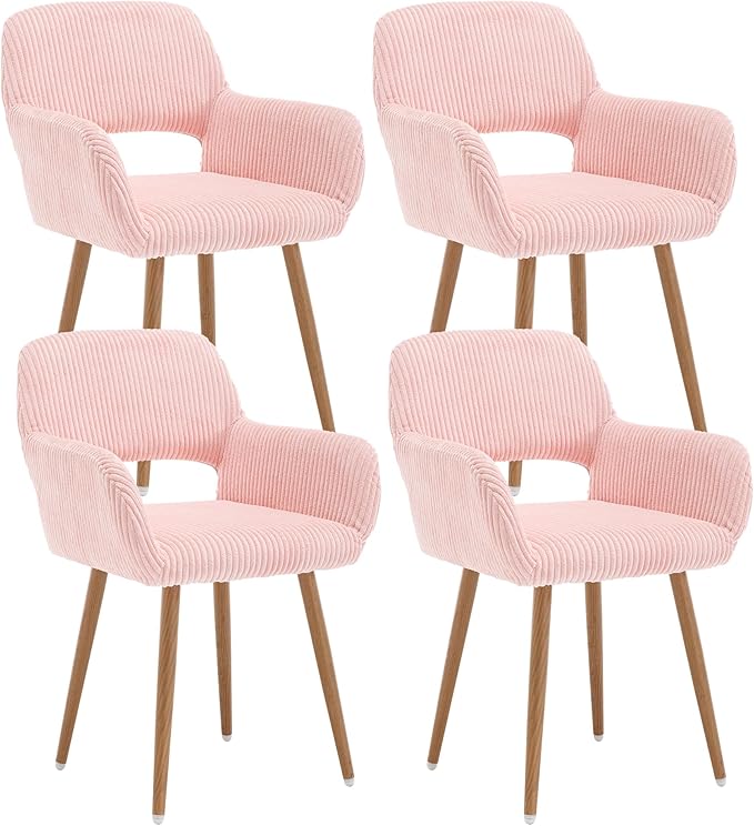 KCC Small Modern Dining Room Arm Chairs Set of 4, Mid-Century Upholstered Corduroy Fabric Side Seat Club Guest with Metal Tube Legs for Kitchen, Living Room, Pink