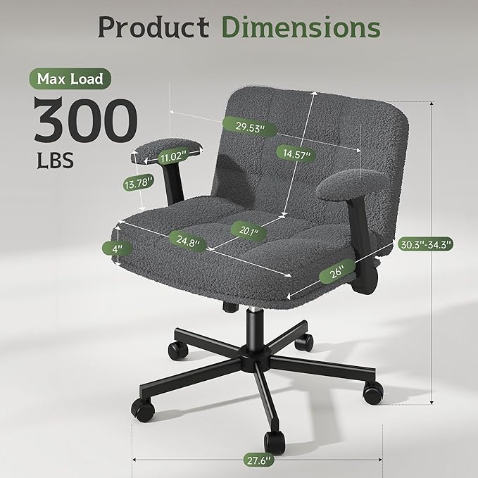 Criss Cross Chair with Wheels and Flip-up Arms, Adjustable Height, Teddy Plush Fabric,Grey, for Bedroom, Home Office, Apartment