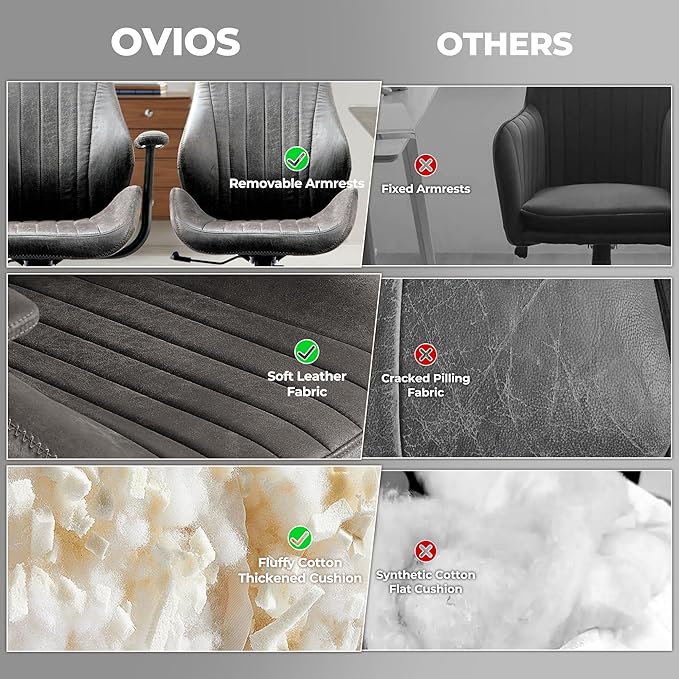 ovios Ergonomic Office Chair, High Back Faux Leather Executive Chairs with Armrests, Comfy Mid-Century Modern Swivel Rolling Computer Armchair (Dark Grey, Suede Leather)