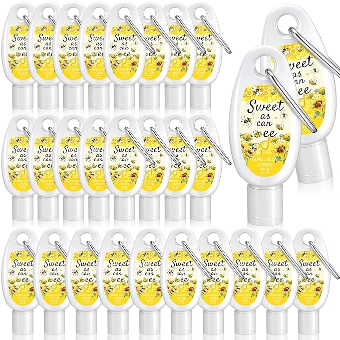 Leelosp 30 Pcs Mini Sunscreen with Carabiner Bulk Travel Size 1 Fl oz Water Resistant Spf 30 Sunblock Lotion Party Favors for Guests Bee Baby Shower Honeycomb Sweet As Can Bee Gender Reveal Gifts