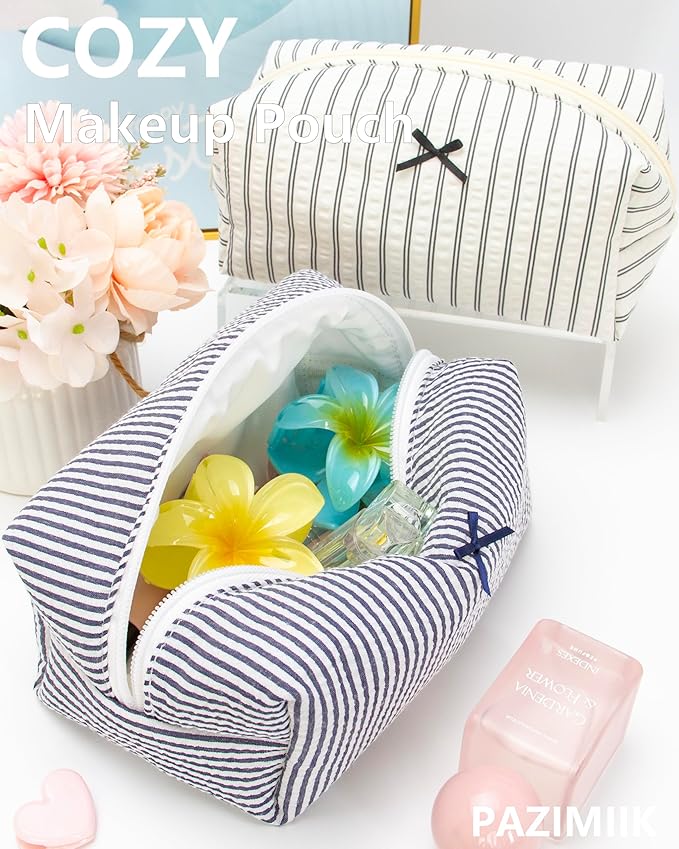 PAZIMIIK 6PCS Cozy Makeup Bag Small Aesthetic Travel Zipper Cosmetic Pouch for Women Make Up Beauty Accessories Brushes, Stripe Navy Blue