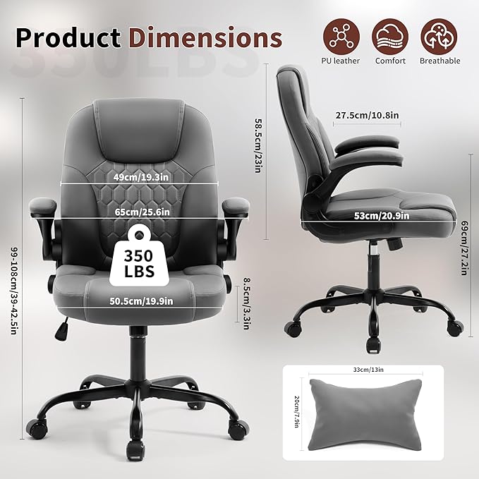 Executive Office Chair PU,Leather Office Chair with Wheels,360° Swivel Rolling Chair with Padded Arms,Ergonomic Computer Chair with Lumbar Support for Short People Use (Grey)