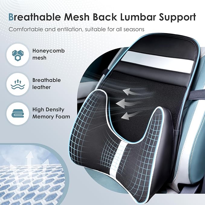 FLORICH Memory Foam Double Layer Breathable Mesh Lumbar Support Ergonomic Leather Lumbar Support Pillow with 3D Mesh Back Support and Adjustable Strap for CarSeat & Office Chair(Leather Black)