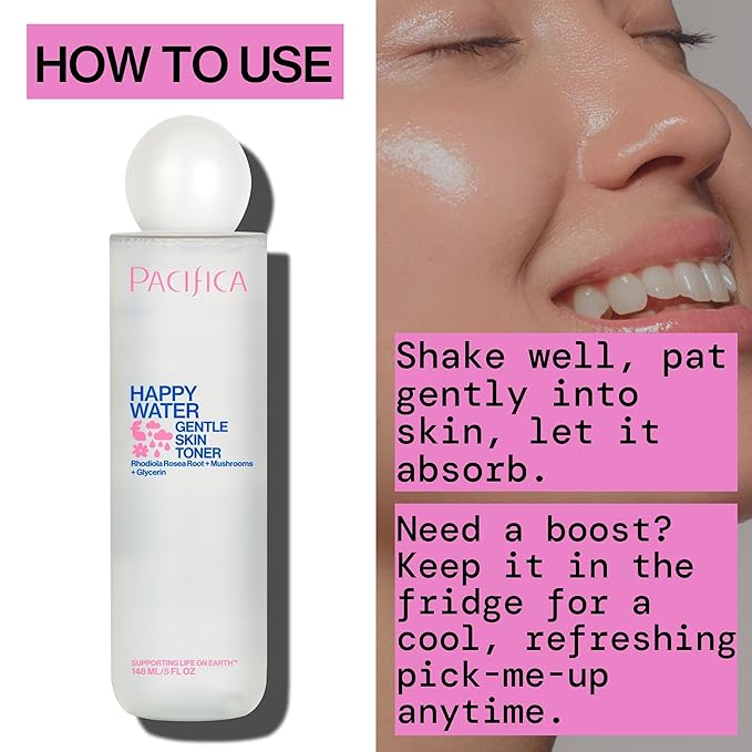 Pacifica Happy Water Hydrating Facial Toner – Vegan Ceramides, Hyaluronic Acid & Electrolytes, Refreshing & Calming for Balanced Skin, Clean Beauty, Vegan, Cruelty-Free, All Skin Types, 4 oz