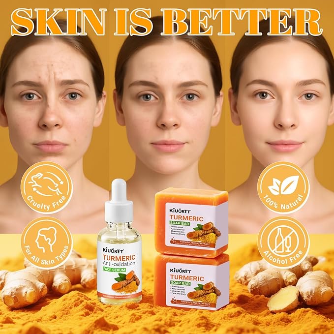 3PCS Turmeric Soap & Serum Set - Turmeric Face Serum + 2 Turmeric Soap Bars with Vitamin C & E - Deep Cleanses Pores, Reduces Acne, Controls Oil, Soothes Skin - Hydrating Facial Kit for All Skins