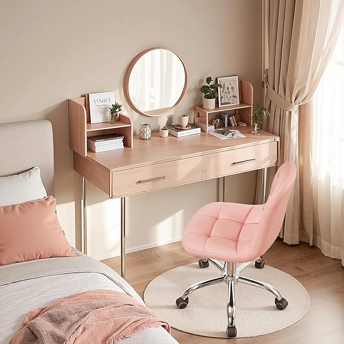 VECELO Stylish Height Adjustable Faux Leather Vanity Chair, Modern Swivel Makeup Chair with Rolling Wheels, Comfortable Padded Task Chair for Bedroom, Dressing Room & Home Office – Pink