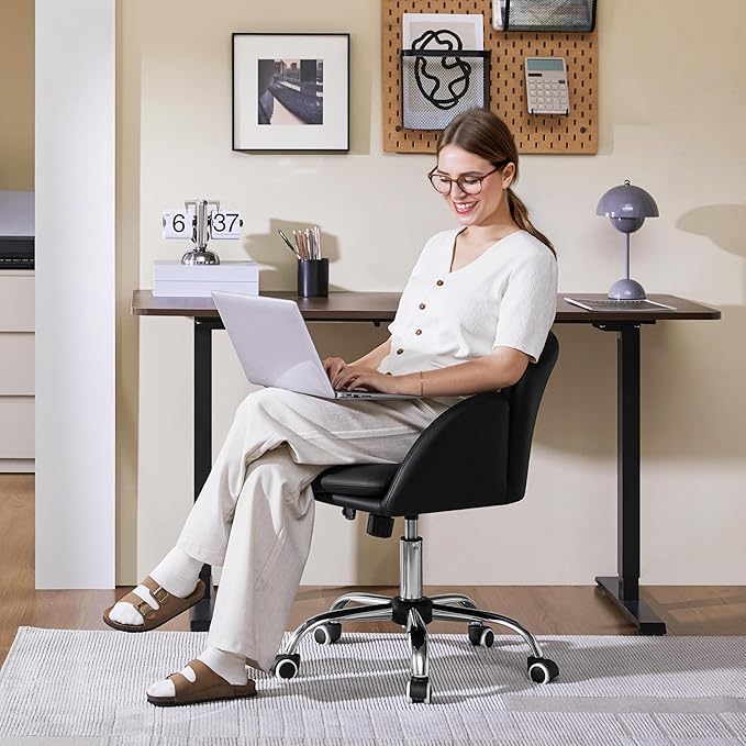 Yaheetech Cute Petal Desk Chair Home Office Chair Swivel Leather Desk Chair Makeup Vanity Chair with Armrests for Bedroom Modern Computer Rolling Chair for Women Black