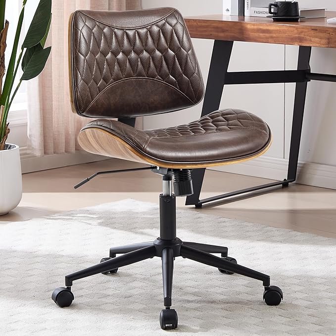 Walnut Bentwood Mid Back Armless Office Chair 1 Pack, Adjustable Height PU Leather Swivel Desk Chair with Wheels, Rolling Computer Task Chair for Home Office, Study, Meeting Room