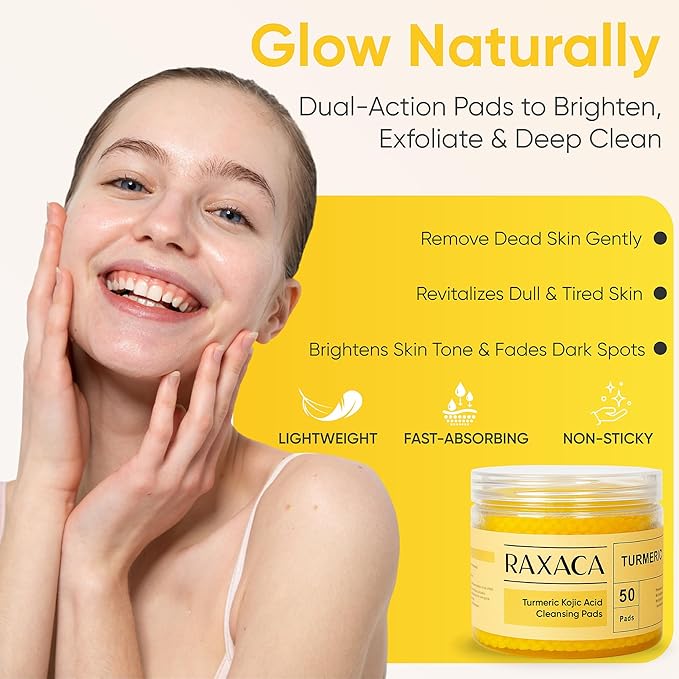Kojic Acid Turmeric Exfoliating Cleansing Pads with Vitamin C in Cotton Pads, Dark Spots Remover & Deep Clean Pores for Face - 50 Pcs.
