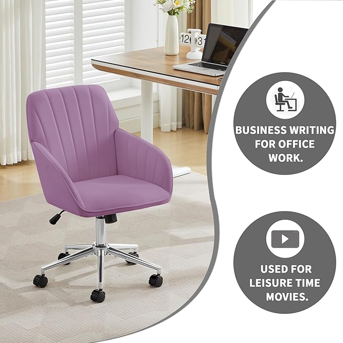 Velvet Home Office Desk Chair, Modern Cute Computer Task Chair with Back, Height Adjustable Upholstered Vanity Chair with Swivel Wheels for Women, Girls (Silver Base, Light Purple