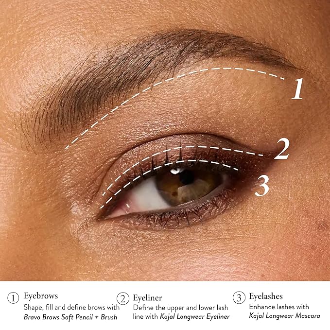 LAURA GELLER Laura’s 3 E’s Eyebrows, Eyelash & Eyeliner Kit for Mature Skin | Medium Brown | Kajal Longwear Eyeliner, Kajal Longwear Mascara & Bravo Brows Soft Pencil + Brush