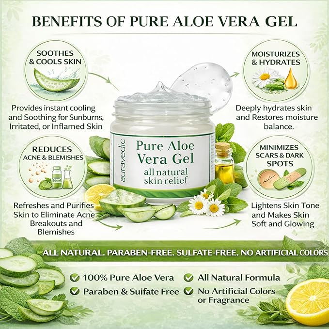 Auravedic Pure Aloe Vera Gel for Face, Body & Hair | Natural & Soothing Plant-Based Gel | Ideal for Daily Skincare, After-Sun Use & Hair Conditioning | Alcohol-Free | 7.05 Oz (200g)
