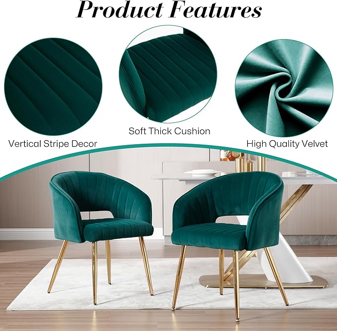 Modern Velvet Vanity Chair, Home Office Desk Chair with Hollow Back, Upholstered Dining Chair with Gold Metal Legs, Comfy Accent Armchair for Living Room Bedroom, Dark Green