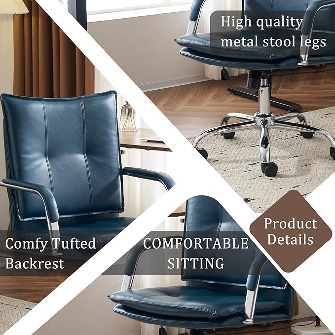 MOJAY Office Chair, Leather Desk Chair, Brown Desk Chair, Mid Century Modern Office Chair, Swivel Comfy Upholstered Wide Seat Chair with Gold Legs and Armrests for Home, Office (Dark Blue&Silver)