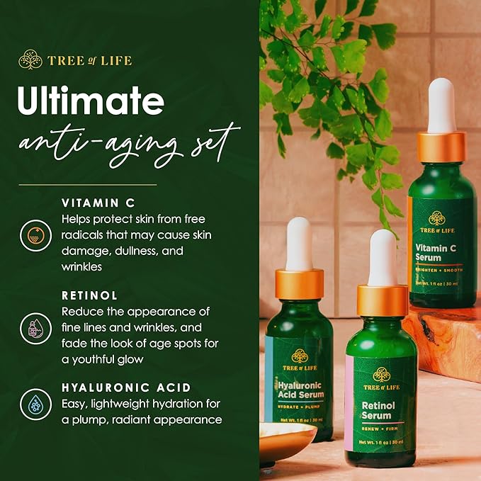 Tree of Life Beauty Facial Skin Care Set, Brightening, Firming & Hydrating Face Serums - Vitamin C, Retinol & Hyaluronic Acid for Smooth Radiant Skin, Dermatologist Tested, 1 Fl Oz (Pack of 3)