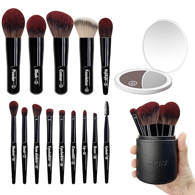 Jilier 14 pcs Mini Makeup Brushes and Pocket Mirror, Travel Makeup Brush Set, LED Compact Mirror with Light, Travel Size with Case, Portable for Handbag, Travel Essentials for Women
