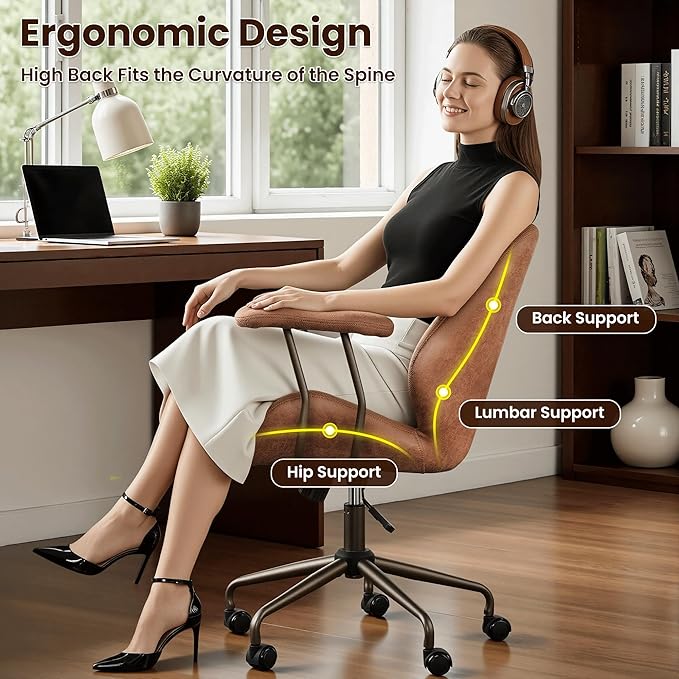 ovios Ergonomic Office Chair, Mid Back Faux Leather Executive Chairs with Armrests, Comfy Mid-Century Modern Swivel Rolling Computer Armchair (Brown, Suede Leather)