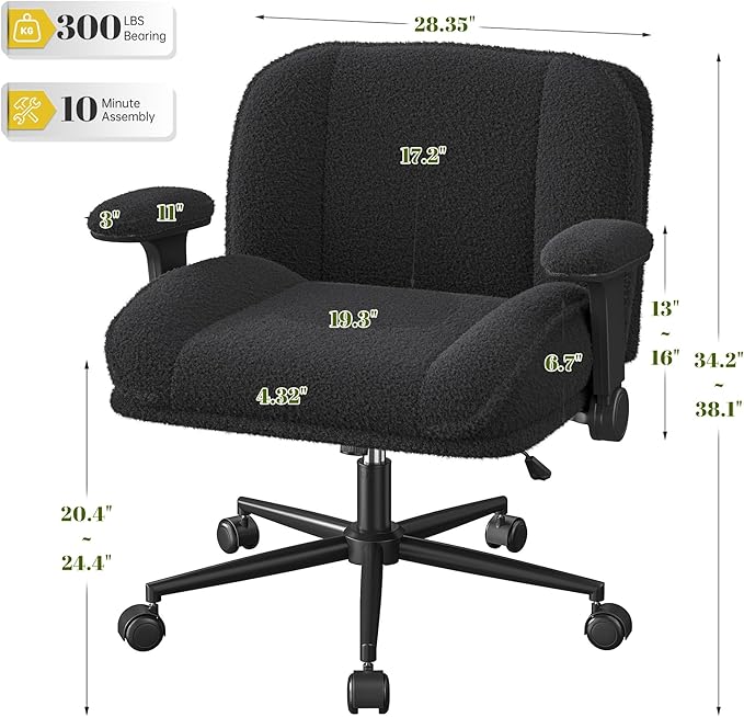 Cross Legged Office Chair with Flip-Up Arms,Oversized Criss Cross Chair with Wheels,Wide & Extra-Deep Seat Thickened for Home Office,Vanity, Bedroom,Apartment Dorms,Vanity Chair,Comfy,Black