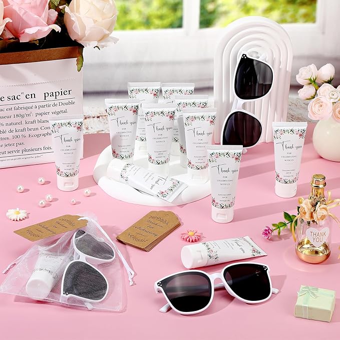 12 Sets Mini Sunscreen and Sunglasses Bulk for Wedding Party Spf30 Water Resistant Sunscreen Lotion Bulk 1oz Travel Size for Thank You Gifts Wedding Party Supplies (Floral)