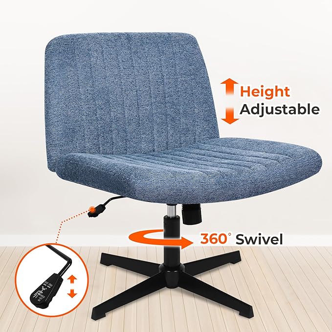 NEO Chair Criss Cross Chair No Wheels Armless Cross Legged Office Desk Wide Comfy Vanity Makeup Chair Adjustable Computer Task for Home Office Fabric (Blue)
