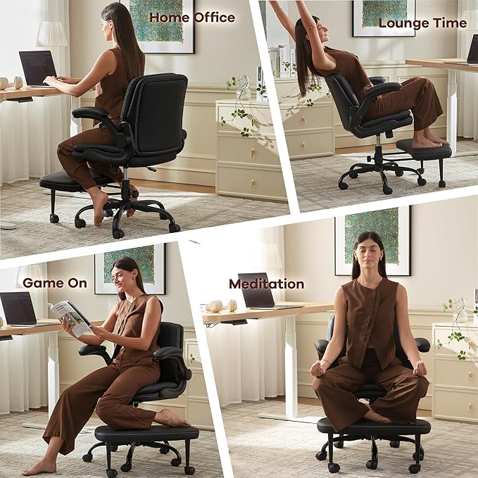 AreShark Cross Legged Office Chair,ADHD Criss Cross Desk Chair with Wheels & Stretchable Rotating Footrest,Height Adjustable Wide Yoga Kneeling Meditation Chair with Flip-up Armrests Back Support