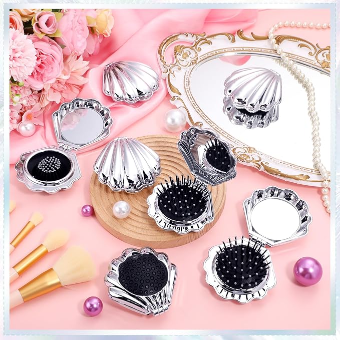 Meanplan 12 Pcs Mermaid Party Favors Shell Hair Brush with Mirror Foldable Mini Travel Pocket Hair Brush Compact Makeup Comb for Women Girls Valentines Day Birthday Gifts(Silver)